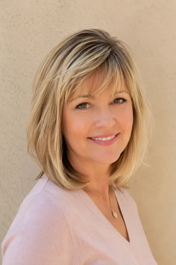 Short layered lob haircut with bangs featuring soft flowing layers, natural volume, smooth texture, and a polished modern hairstyle look.