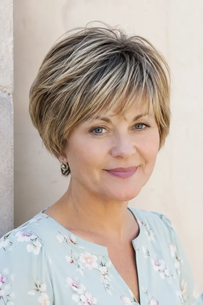 Short layered pixie bob haircut with soft bangs, natural volume, textured layers, and glossy highlighted hair on a mature English woman.