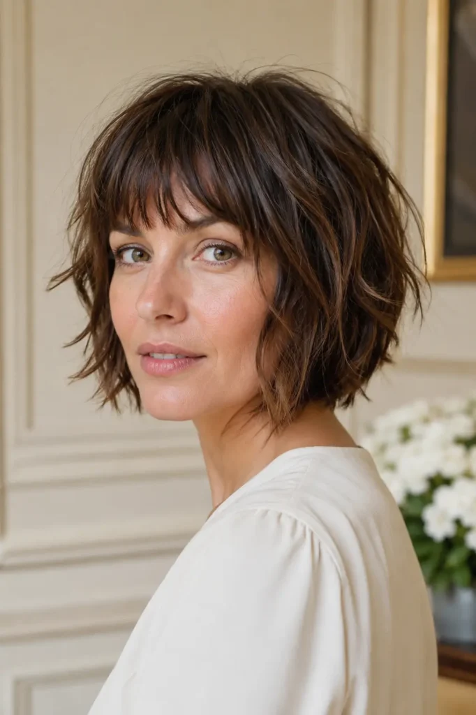 Short messy bob haircut with textured bangs, tousled layers, natural volume, and glossy brunette hair on a real English woman in DSLR portrait style.