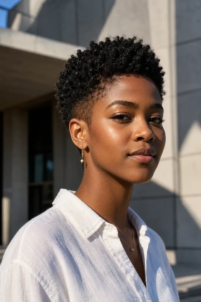 Close-up portrait of a 20-year-old Black woman with a short tapered natural haircut featuring defined coils on top and closely tapered sides, wearing a white linen shirt and delicate earrings, standing outdoors against modern university architecture in soft afternoon light.