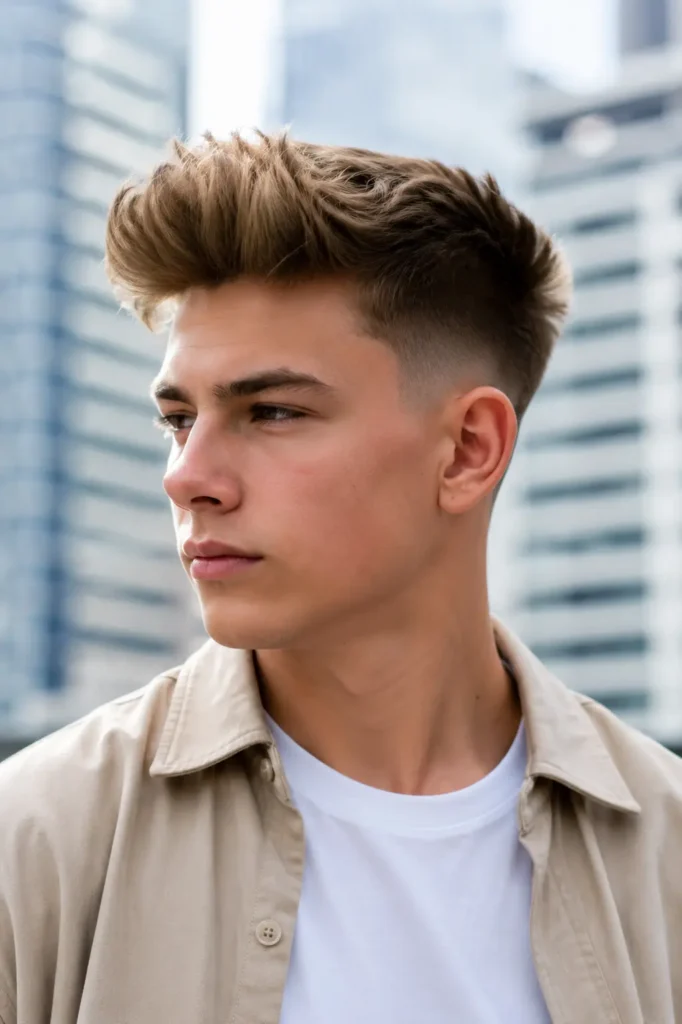 a white teenage boy with a short pompadour fade featuring lifted front volume and neatly faded sides, wearing a light beige overshirt over a white T-shirt, photographed in bright natural daylight against a softly blurred modern downtown background.