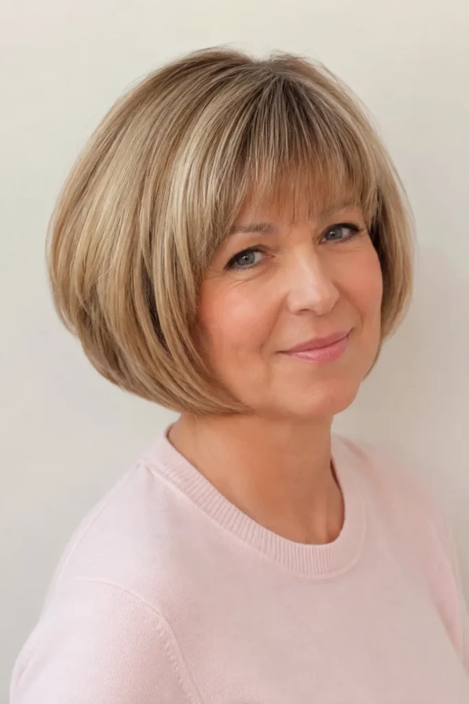 Short rounded bob haircut with soft bangs, smooth layers, natural volume, and glossy shine on a mature woman in a pastel outfit.