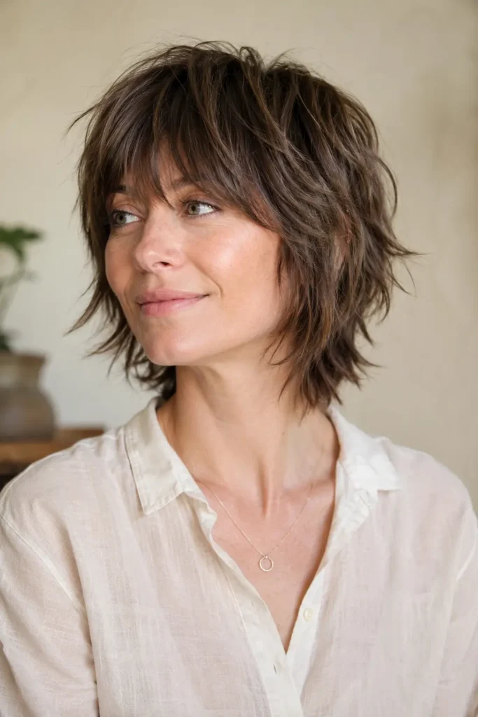 a woman with a short shag haircut, choppy layers, soft bangs, natural texture, and tousled volume in a DSLR hairstyle portrait.