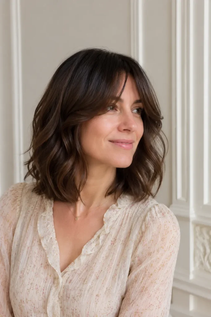 English woman with short soft wavy hairstyle, curtain bangs, face-framing layers, natural volume, and glossy textured hair in a DSLR portrait.