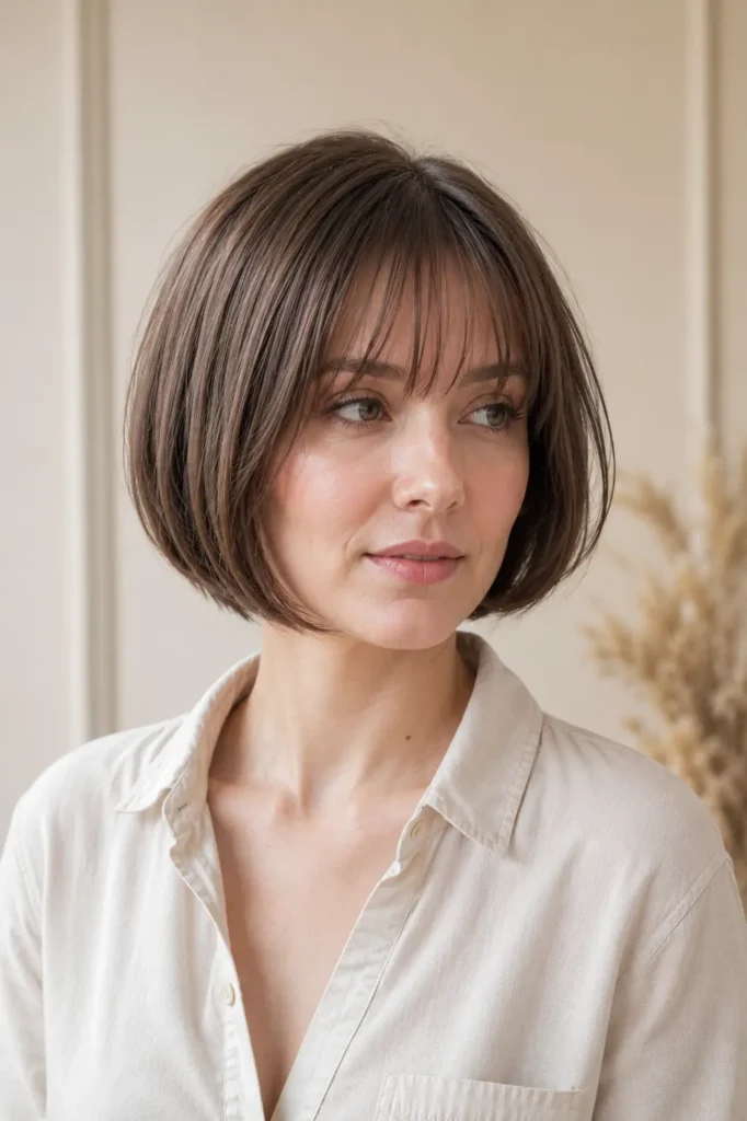 Short straight haircut with see-through bangs, soft layers, natural shine, and polished texture on a realistic woman in a DSLR hairstyle portrait.