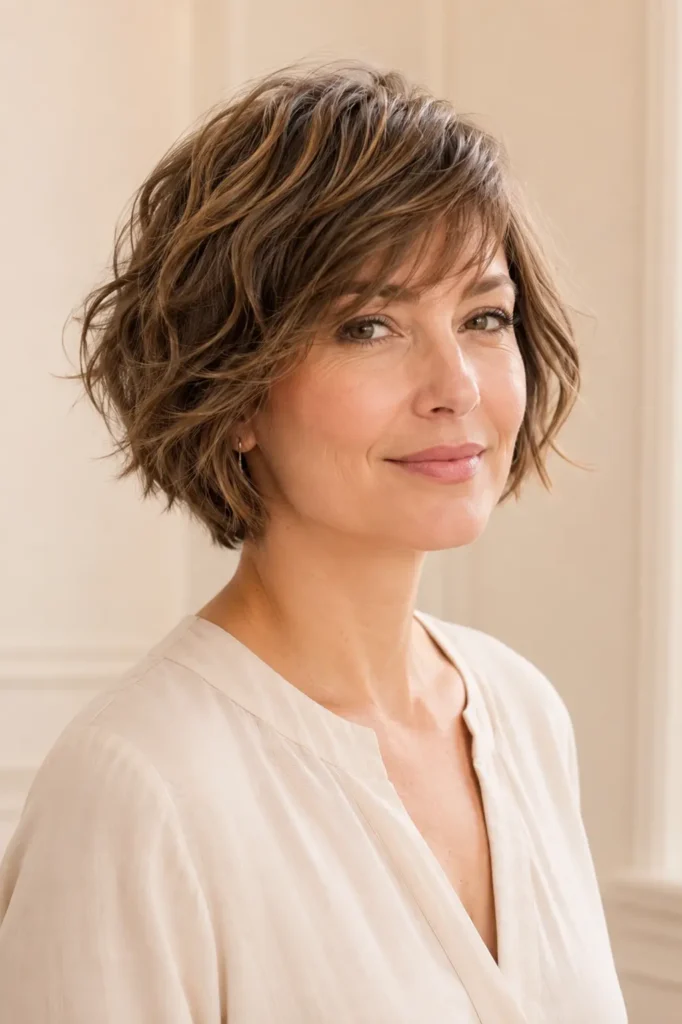 woman with a short wavy bob haircut, soft side bangs, layered texture, natural volume, and glossy brunette hair