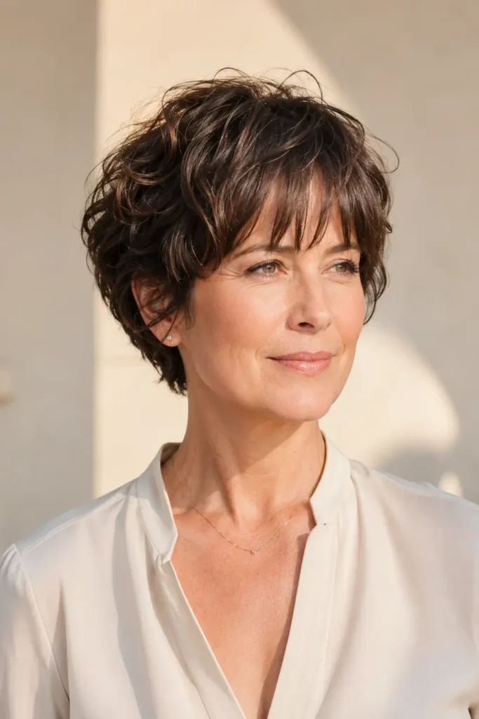 Short wavy pixie cut with soft bangs, natural volume, and glossy layers on a mature woman in a realistic hairstyle portrait.