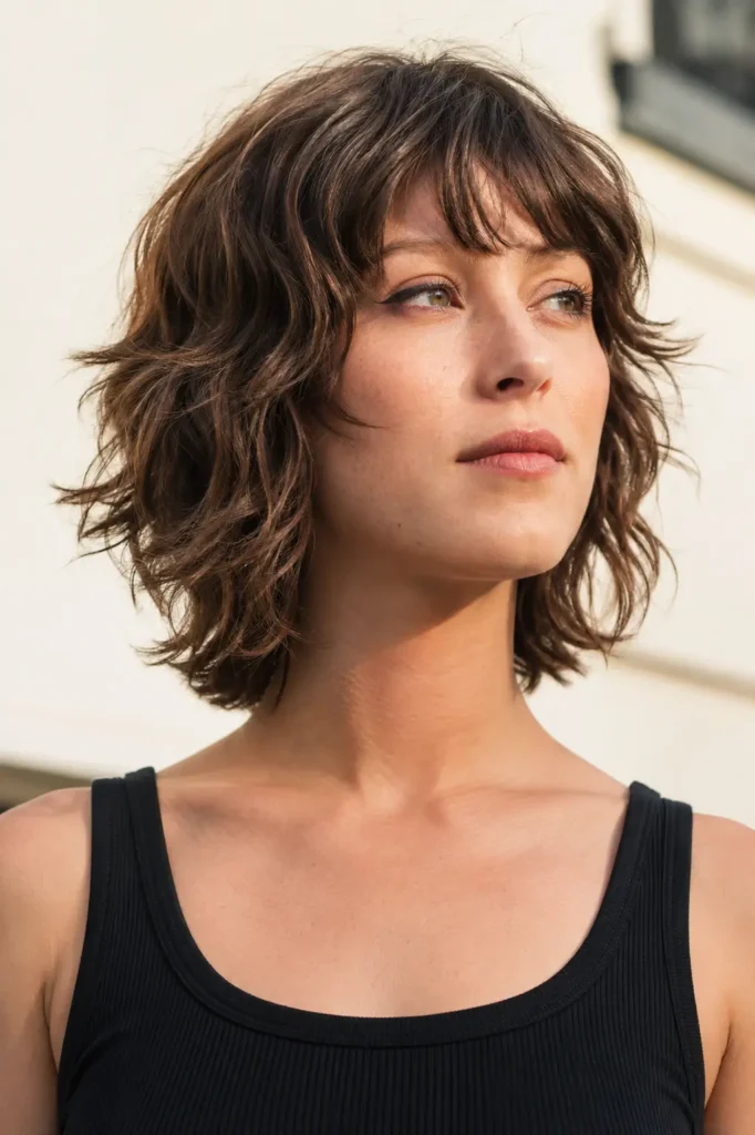 a young English woman with a short wavy wolf cut and choppy bangs, featuring textured layers, soft natural volume, and healthy shine. Bright daylight highlights the movement of her hair against a minimal cream outdoor background, with authentic skin texture and the hairstyle as the main focus.