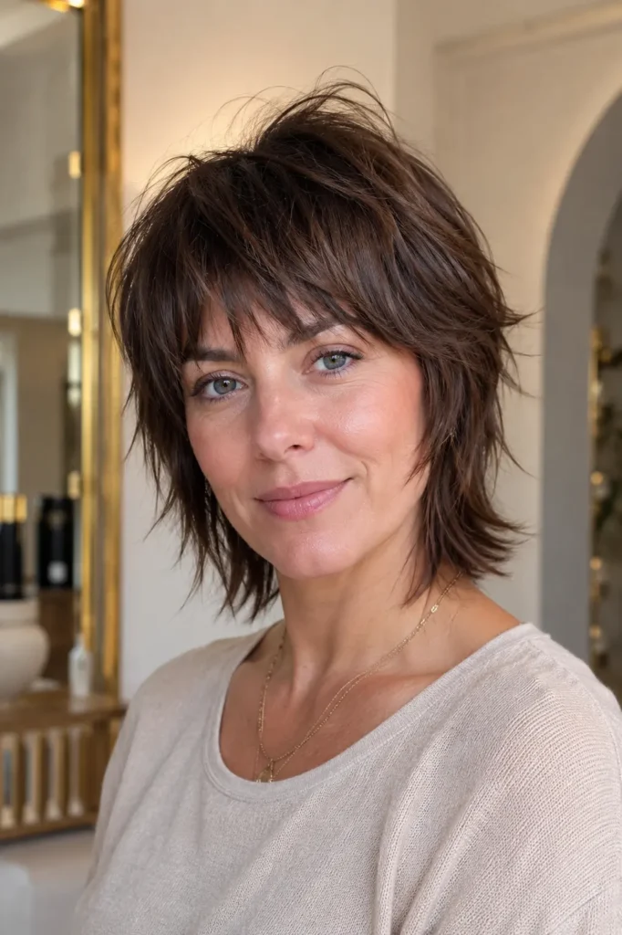 English woman with a short wolf cut hairstyle, textured bangs, shaggy layers, crown volume, and a modern layered shape in a DSLR portrait.