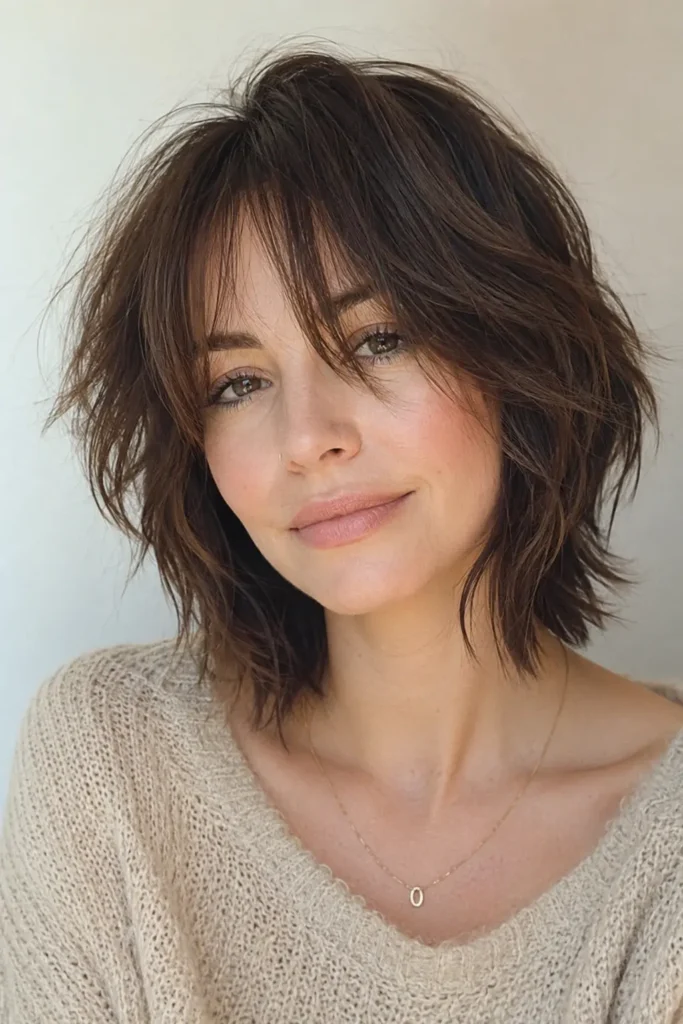woman with a short wolf cut and soft curtain bangs, featuring textured feathered layers, airy volume, and healthy shine in bright natural daylight against an elegant ivory background.