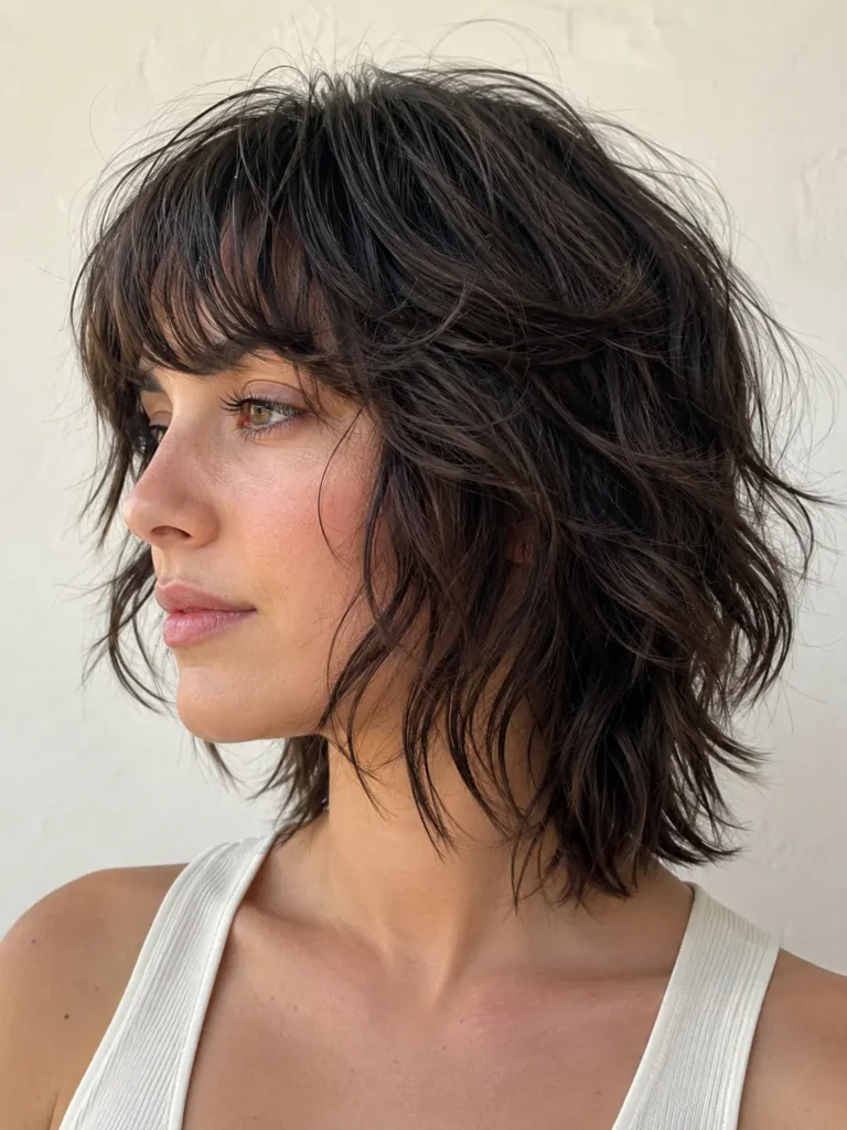 a young English woman with a short tousled wavy wolf cut and soft bangs, featuring textured layers, natural shine, and healthy movement against a neutral ivory background in bright daylight.