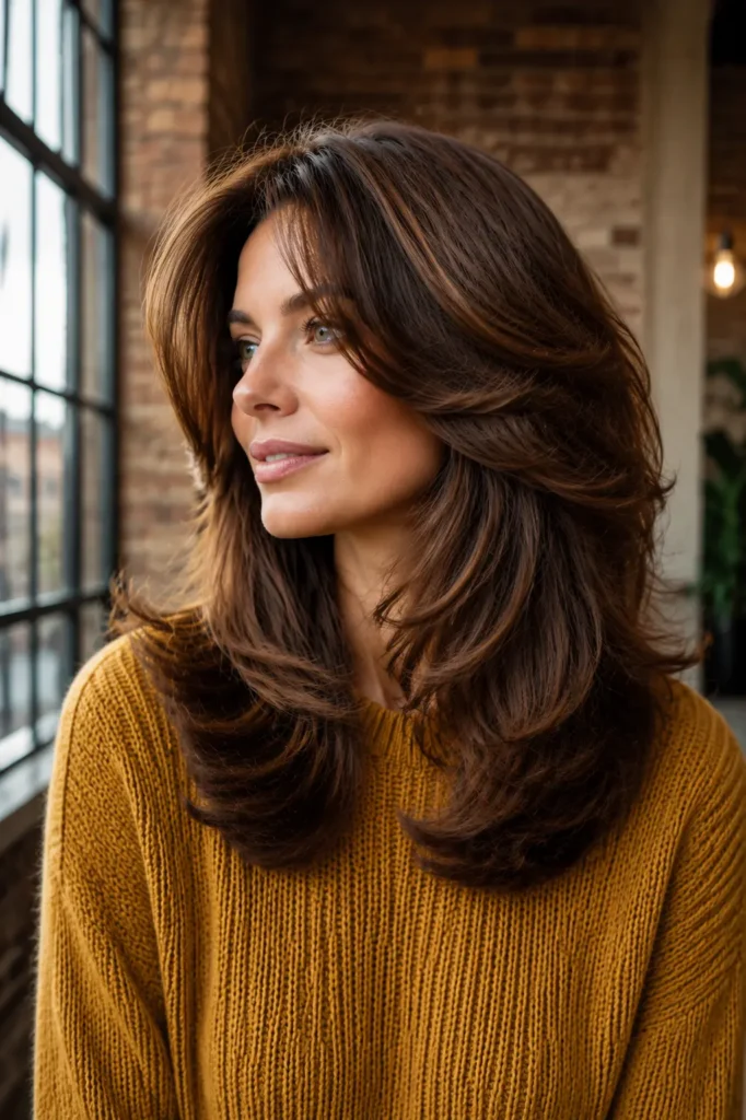 White woman with a shoulder-length butterfly layered haircut in warm mocha brown, styled in a voluminous rounded blowout with soft feathered layers, wearing a mustard knit sweater in a sunlit urban loft with blurred industrial windows and brick walls.