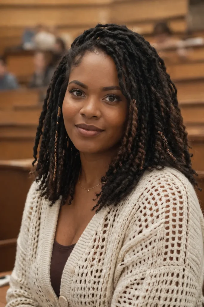 Shoulder-length textured faux locs with subtle copper accents on a real Black woman wearing a cream crochet sweater in a softly blurred university lecture hall.