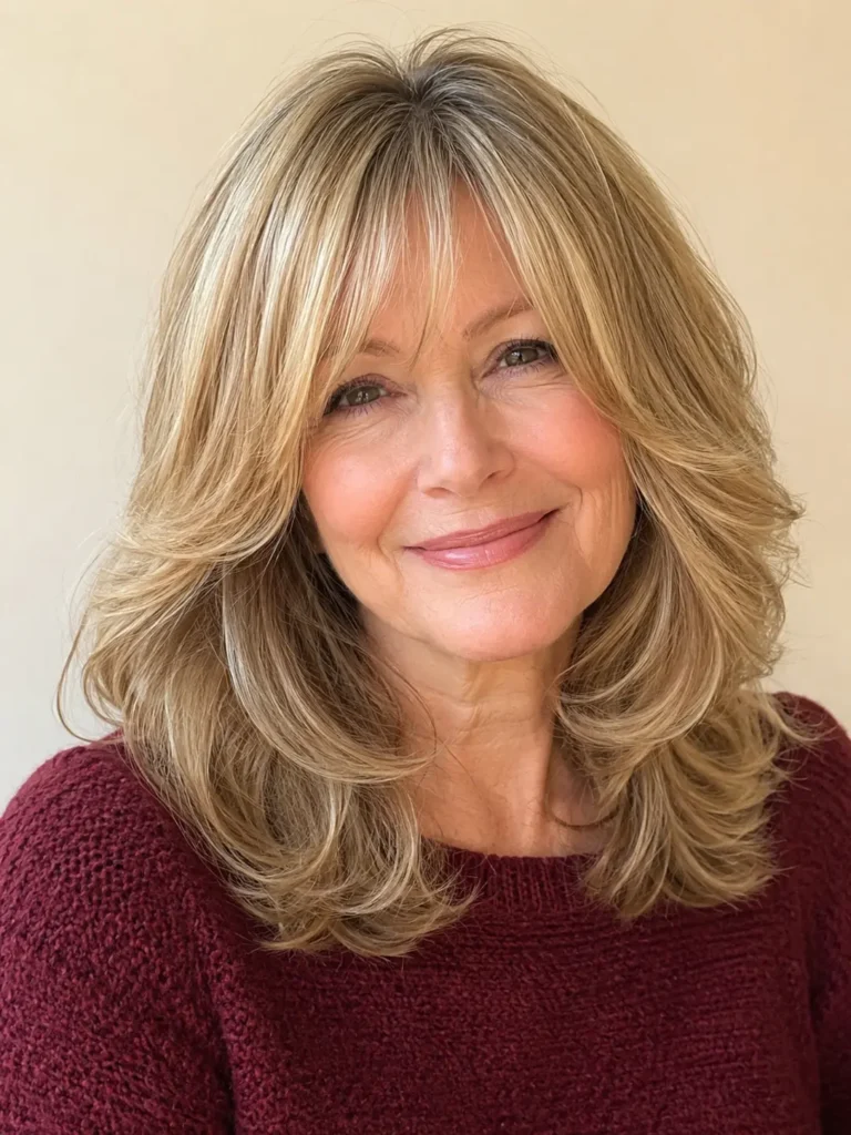 woman aged around 60 with shoulder-length layered hair and soft curtain bangs, featuring silky, glossy texture, face-framing layers, and natural volume, wearing a soft burgundy sweater against a cream background.