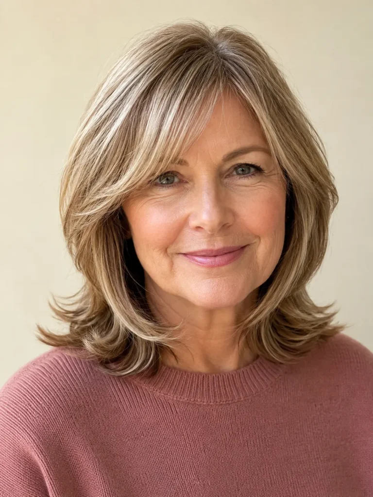 an English woman aged 55–69 with shoulder-length hair featuring softly flipped ends, silky glossy texture, and natural movement, wearing a dusty rose sweater against a soft ivory background in bright daylight.