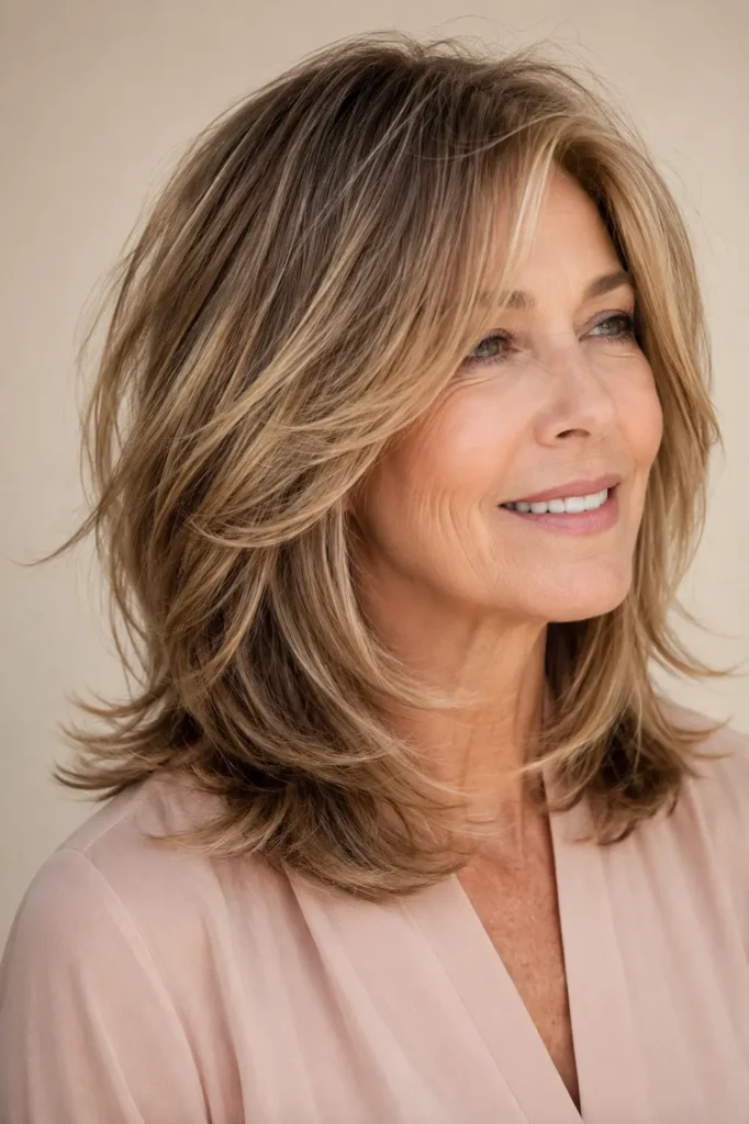 A woman aged 58–72 with an elegant medium-length layered silver hairstyle, featuring silky texture, luminous shine, and natural movement. Bright daylight highlights every strand against a soft ivory background, with authentic mature skin and a modest nude blouse.