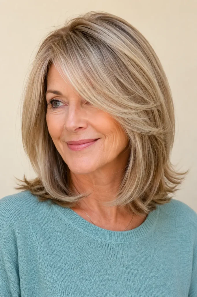 A woman with a shoulder-length layered bob and long side bangs. Her silky, healthy hair has soft movement and natural volume, highlighted by bright daylight. She wears a light teal sweater against a soft cream background, with authentic skin texture and the hairstyle as the main focus