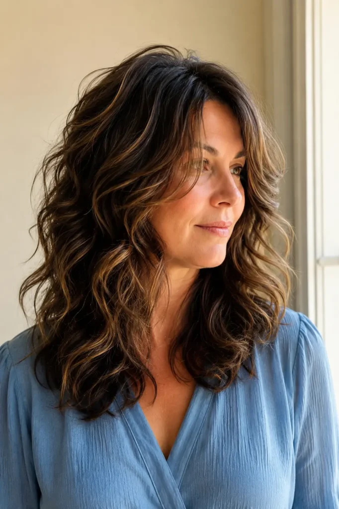 Shoulder-length layered haircut for thick naturally wavy hair on a real English woman, shown in a photorealistic vertical portrait with soft textured waves, a dusty-blue blouse, and a warm ivory background.