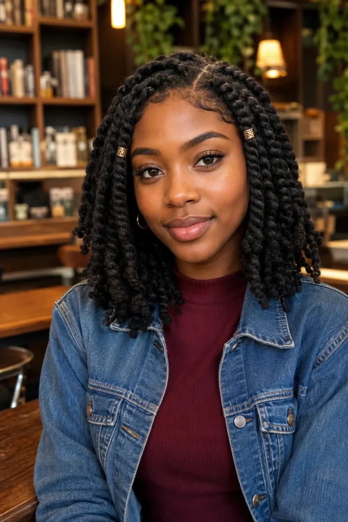 an 18-year-old Black girl with shoulder-length chunky passion twists adorned with subtle gold cuffs, wearing a denim jacket over a burgundy high-neck top in a cosy university-style coffee shop with warm wooden shelves and softly blurred greenery in the background.