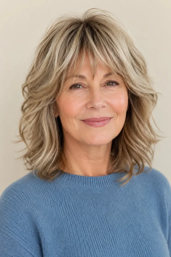 a 55–69-year-old English woman with a shoulder-length soft shag haircut featuring feathered layers, airy texture, glossy healthy hair, and natural movement, wearing a dusty blue sweater against an ivory background.