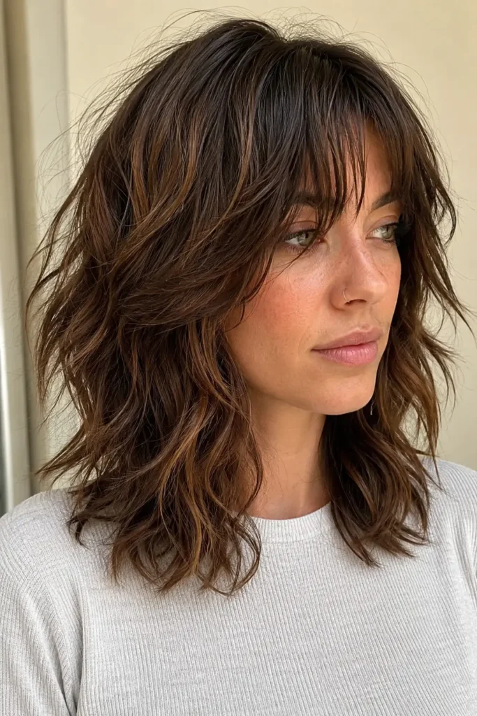 a a shoulder-length wavy wolf cut and wispy bangs, featuring soft layered waves, natural shine, and airy texture against a minimal cream background in bright natural daylight.