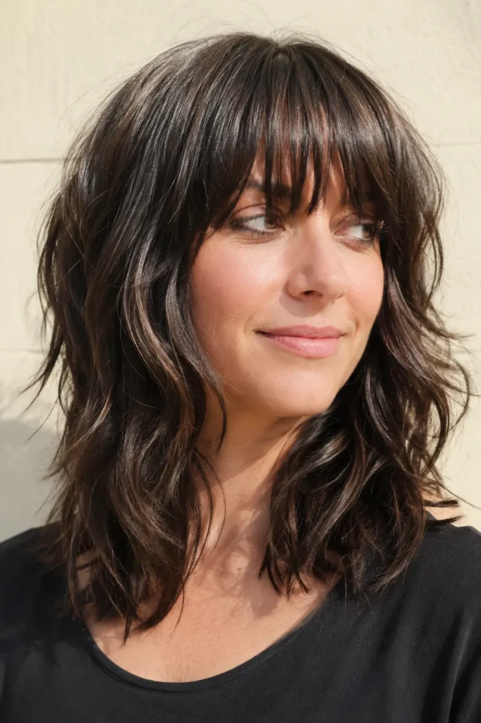 woman with a shoulder-length wavy wolf cut and full bangs, featuring soft layered waves, healthy glossy hair, and natural volume in bright daylight against an elegant cream background.