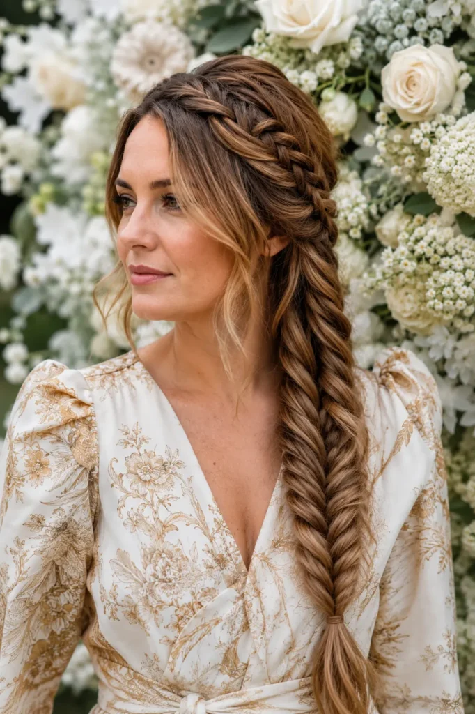 woman with a side fishtail crown braid that flows into a full fishtail braid tied at the end, paired with loose wavy honey-brown hair, wearing an elegant ivory floral dress against a soft cream floral background in natural daylight.