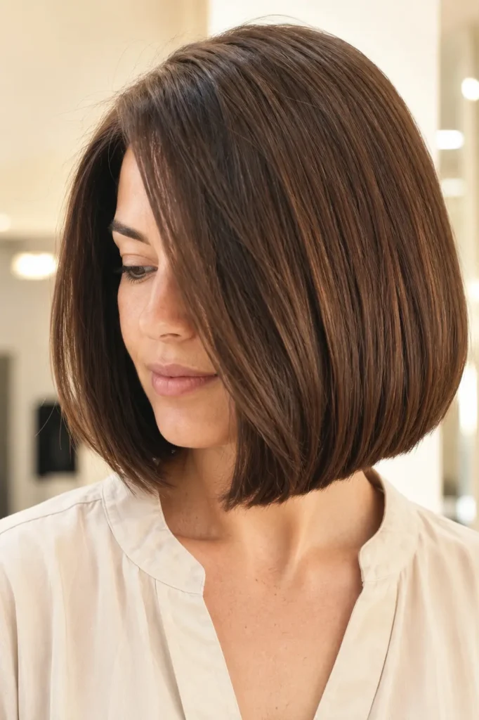 woman with a glossy chestnut-brown side-part Italian bob, photographed in bright natural light against an ivory salon background.