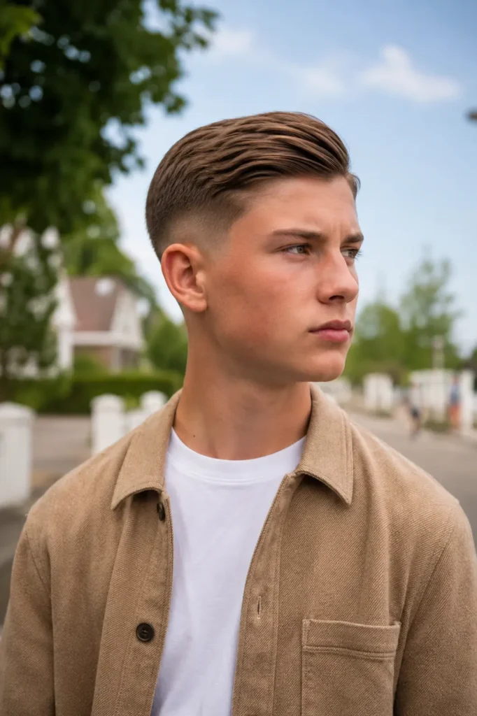 teenage boy with a classic side part taper haircut, wearing a camel overshirt over a white T-shirt, standing outdoors on a softly blurred suburban street in bright natural daylight.