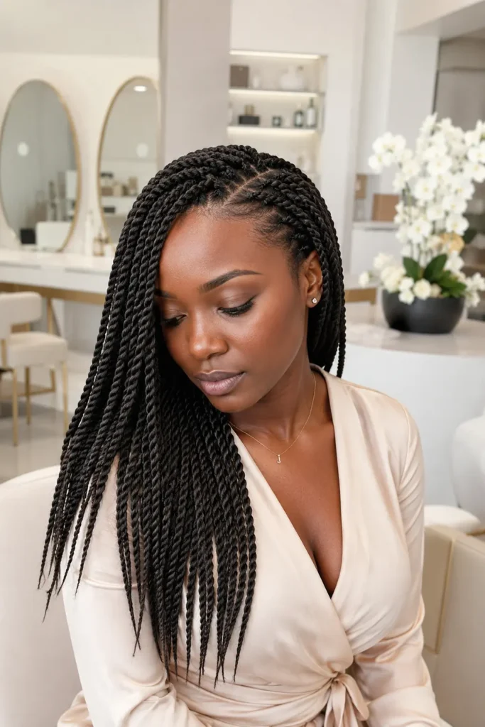 a Black woman wearing glossy dark brunette side-part twist braids, dressed in a champagne wrap blouse