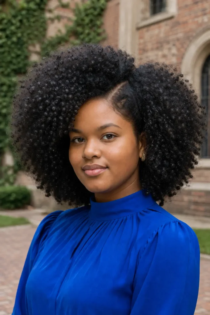 portrait of a 19-year-old Black woman with a full, rounded natural afro and a crisp side part, wearing a modest cobalt-blue high-neck blouse in a softly blurred university courtyard with ivy-covered brick walls.