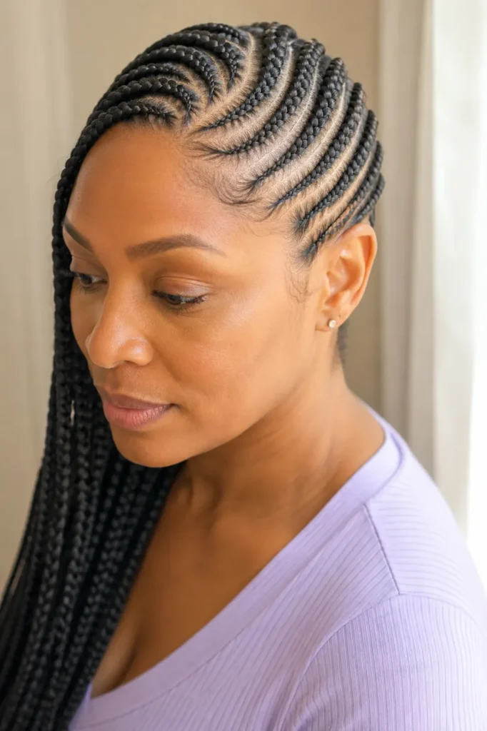 Black British woman with elegant side-parted diagonal cornrows, photographed from a three-quarter angle in soft window light, wearing a modest light-lilac top against a pale beige background.