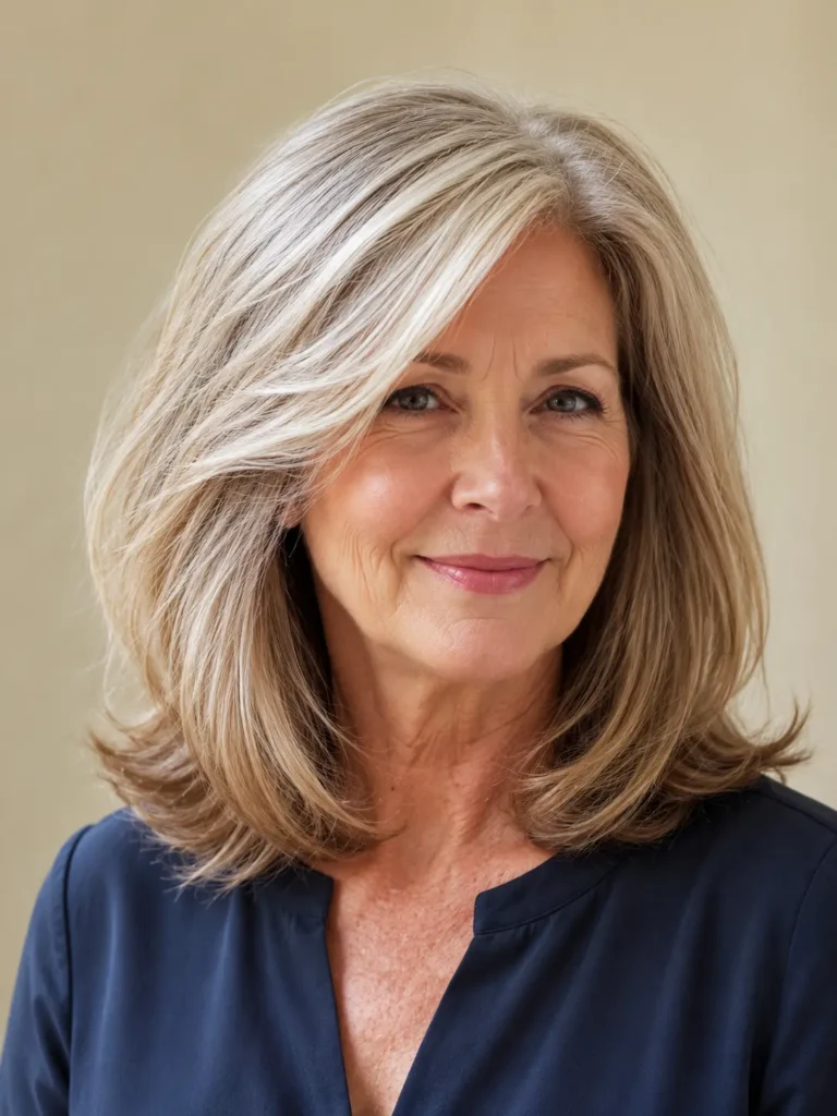 a mature English woman aged around 60 with a side-parted medium-length blowout featuring glossy, healthy layers, natural crown volume, and soft movement. She wears a modest soft navy blouse against a cream background, with authentic mature skin illuminated by bright natural daylight, emphasizing the elegant hairstyle.