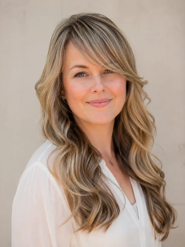 woman with a side-swept fringe and long soft wavy hair, photographed in bright daylight against a soft beige background, wearing an ivory blouse with glossy salon-style waves.