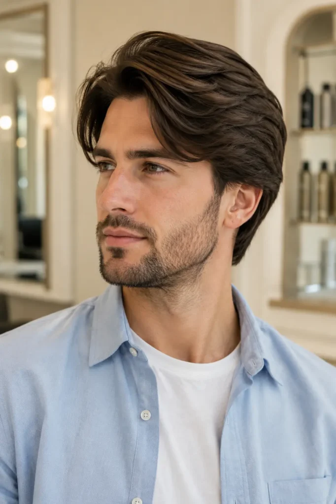 man with a medium-length side-swept hairstyle featuring natural movement, wearing a light blue overshirt over a white T-shirt with a clean beard, against an elegant cream salon background in bright natural daylight.