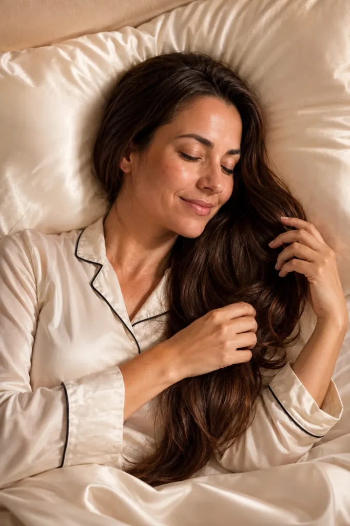 a woman with long, silky hair resting on an ivory silk pillowcase, gently arranging her hair before sleep in a warmly lit bedroom.