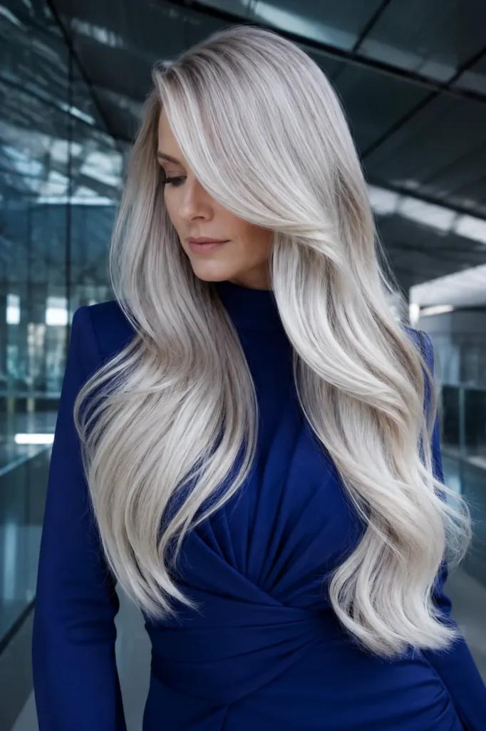 white woman with extremely long silver blonde hair in pearl-silver and icy platinum tones, styled in sleek glossy waves, wearing a royal-blue high-neck dress in a futuristic glass-and-steel interior with soft diffused lighting.
