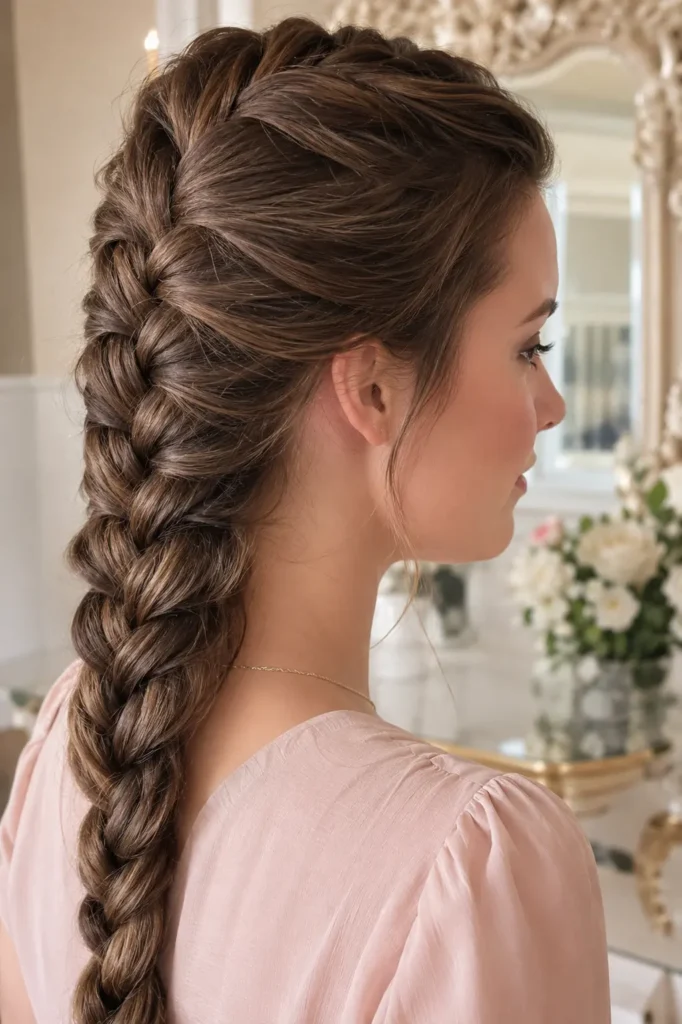 woman wearing a classic French braid with glossy medium brunette hair, styled in a soft pink blouse against a luxurious ivory salon background in bright natural daylight.