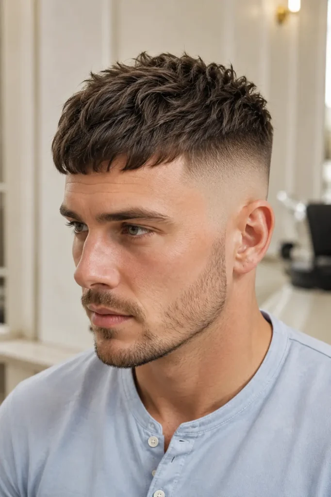 a skin fade haircut and naturally textured forward fringe, wearing a light blue Henley shirt in a bright ivory barber studio with realistic skin texture and short stubble.