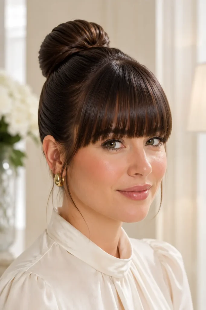 woman with a sleek ballet bun and straight blunt bangs, featuring glossy dark brown hair,