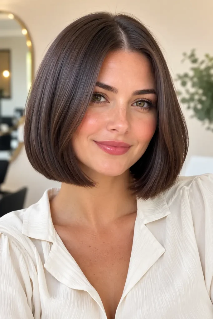 woman with a sleek center-part Italian bob haircut featuring glossy espresso-brown hair and sharp blunt ends, photographed in bright natural daylight against a warm cream salon background, wearing an ivory blouse with natural makeup.