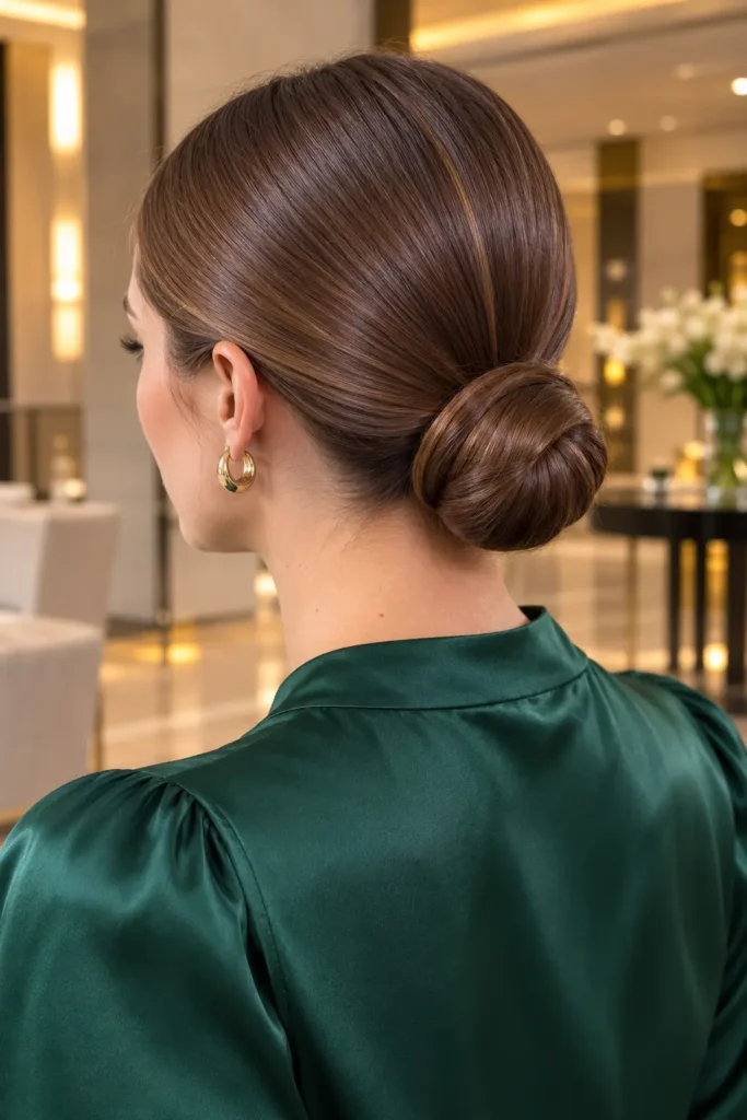 Back view of a white woman with a sleek classic low bun and center-parted glossy hair, wearing an emerald green satin blouse in a luxury hotel lobby with soft warm lighting.