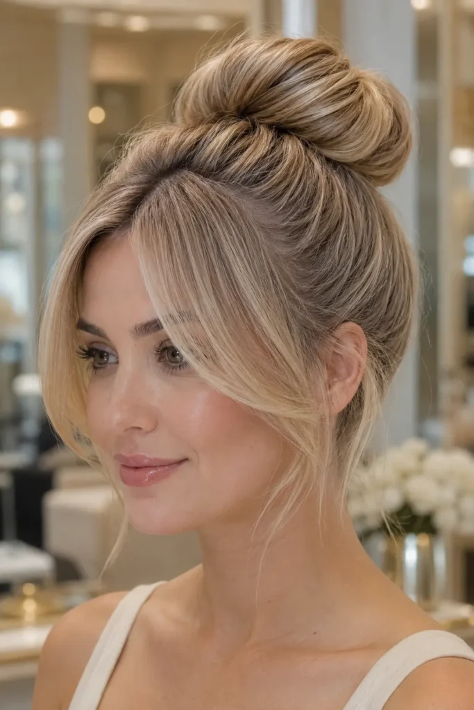 woman wearing a sleek high bun with soft curtain fringe and glossy light blonde hair, captured in bright natural daylight against a luxurious ivory salon background.