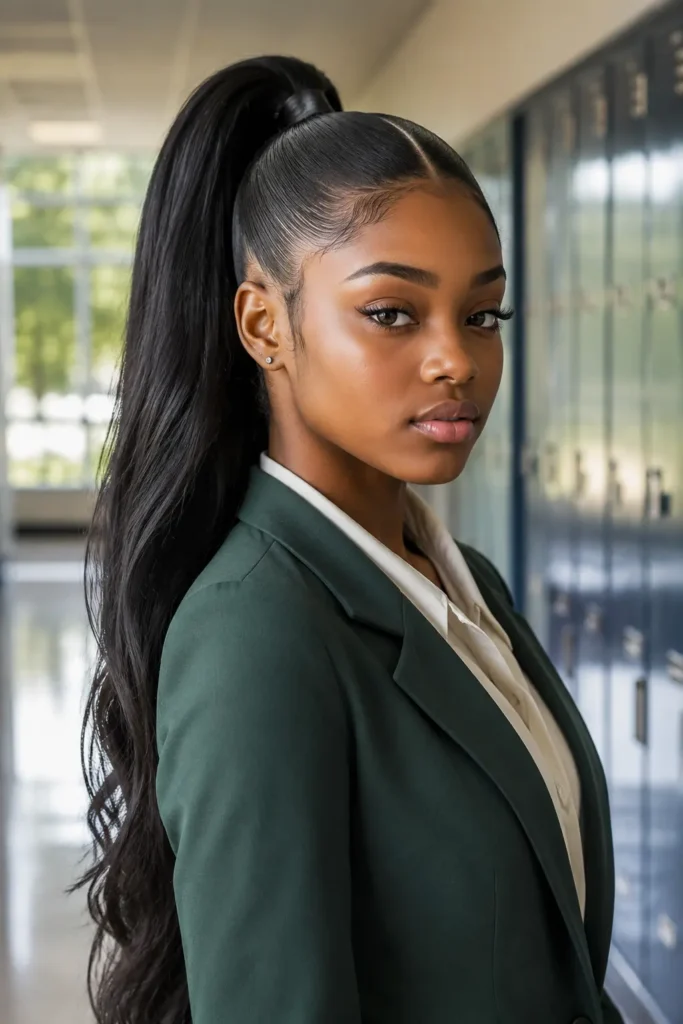 a 19-year-old Black woman wearing an emerald green blazer and cream blouse, showcasing an ultra-sleek high ponytail with a clean middle part and polished edges in a bright school hallway with softly blurred lockers and natural window light.