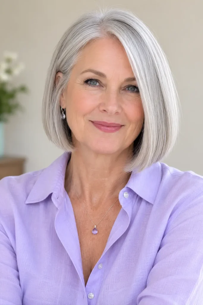 Sleek straight gray bob haircut on a mature English woman with shiny silver-gray hair, smooth layers, soft makeup, and a lavender shirt.