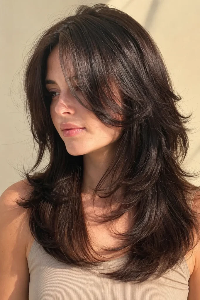 a woman with a sleek wolf cut and soft curtain bangs, featuring silky feathered layers, glossy healthy hair, and natural shine