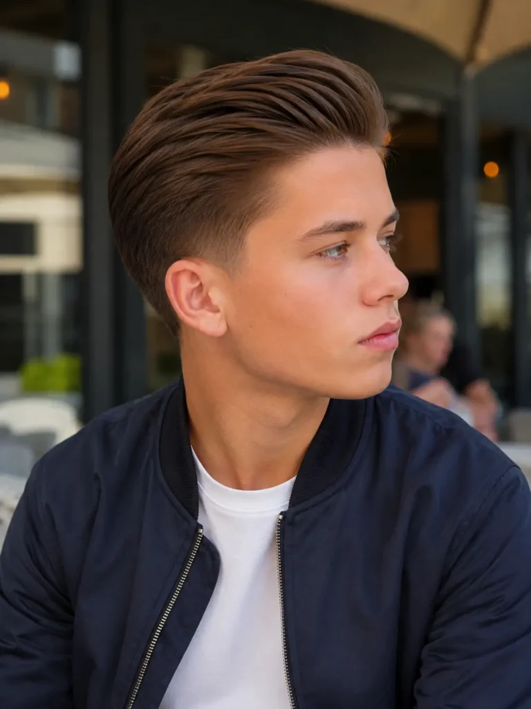 a white teenage boy with a modern slick back taper haircut, featuring naturally brushed-back medium-length hair and clean tapered sides. He wears a navy bomber jacket over a white crew-neck shirt,