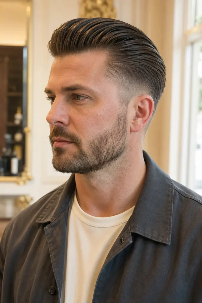 man with a slick back undercut featuring glossy natural texture, short beard, and a charcoal overshirt over a cream T-shirt,