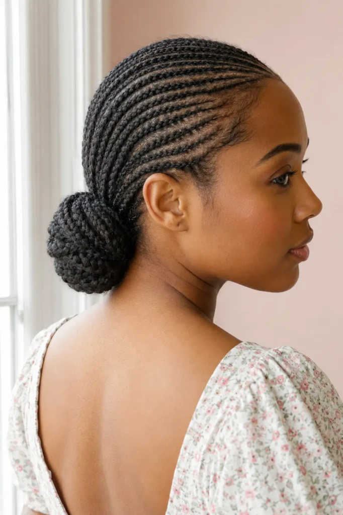 Black British woman with numerous small cornrows styled into a neat low braided bun, photographed from a side-back angle in soft natural window light, highlighting the detailed scalp braids, smooth bun, and natural beauty against a pale blush background.