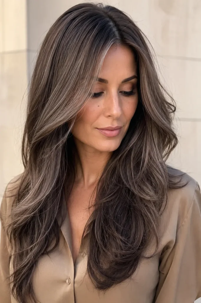 an English woman with smoky ash brown hair tint, featuring long layered waves, cool brunette tones, soft ash highlights,